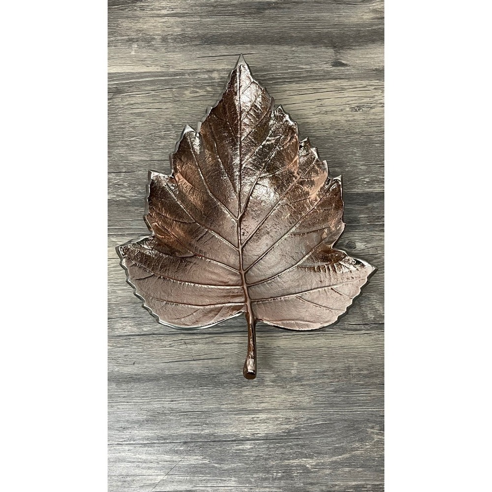 Large Copper Finish Metal Maple Leaf Serving Tray Bowl Dish Decor Made in India